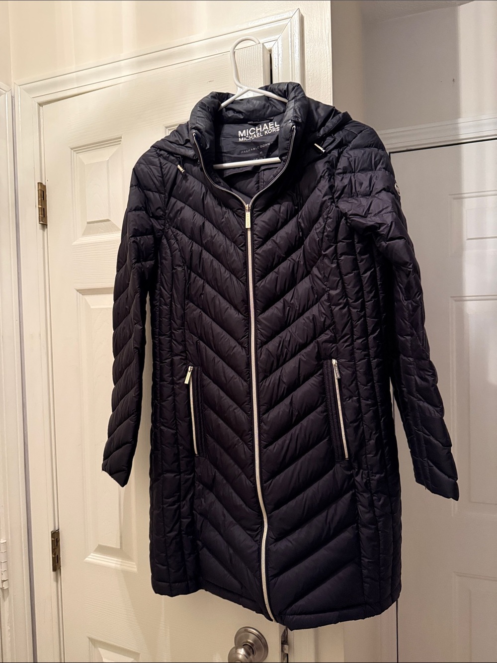 MICHAEL Michael Kors Black Chevron Quilted Long Puffer Coat